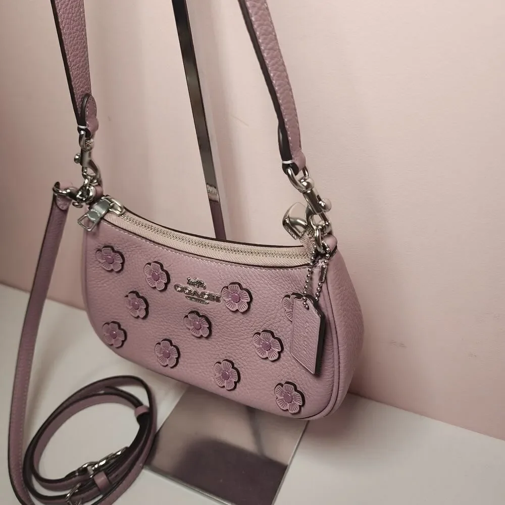 NWT Coach CAJ98 Teri Mini Crossbody Bag With Floral Applique Silver/Lilac